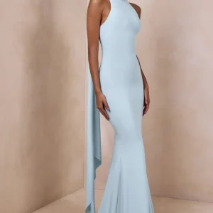 Cordy | Vestido Largo Azul Empolvado De Jersey Con Cuello Alto Y Detalle De Bufanda