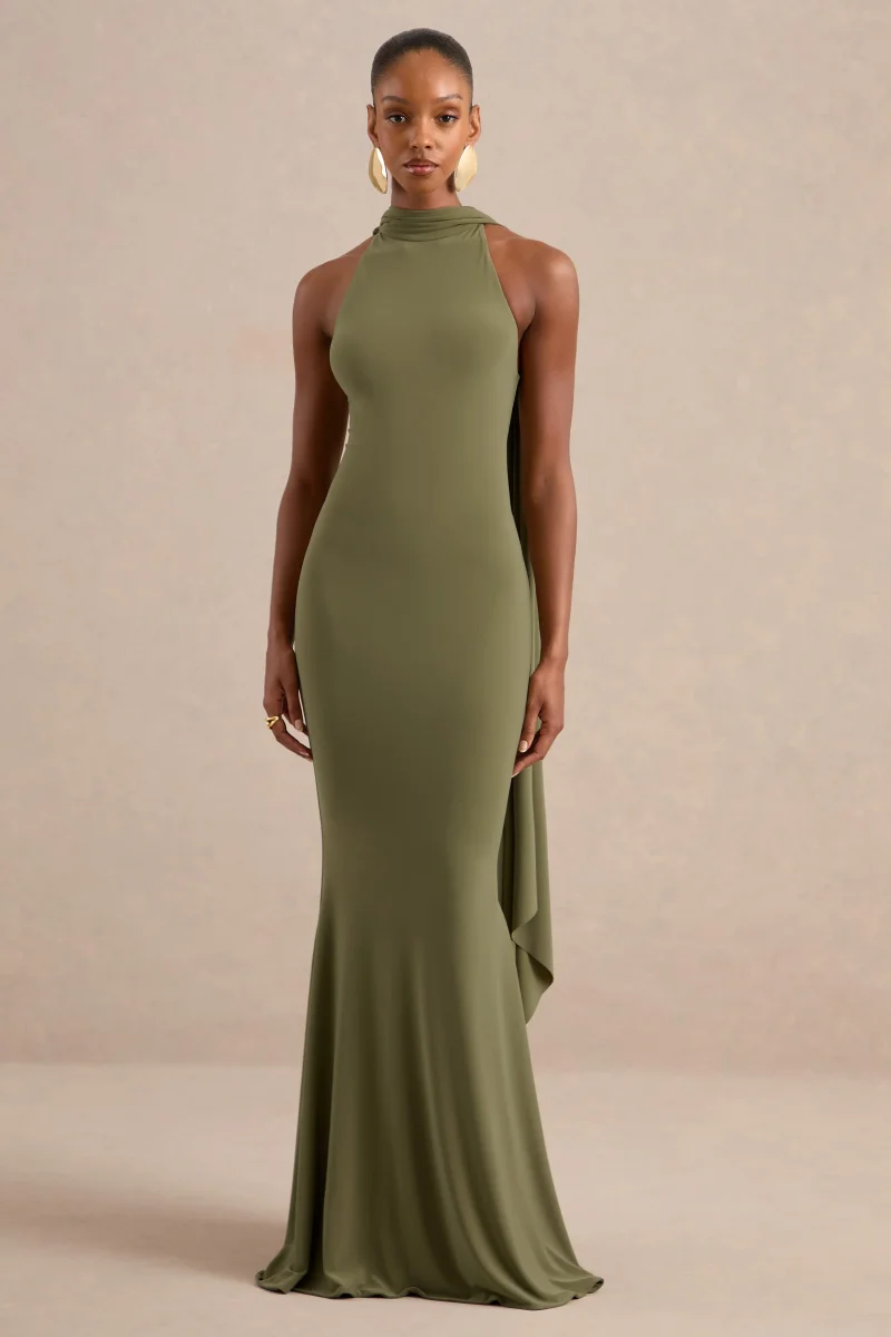 Cordy | Vestido Largo Verde Oliva Con Cuello Alto Y Capa - Imagen 6