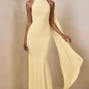Cordy | Vestido largo Limón Con Escote Alto y Capa