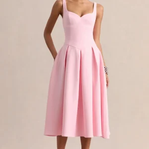 Greta | Vestido Midi Rosa Claro Con Escote Corazón