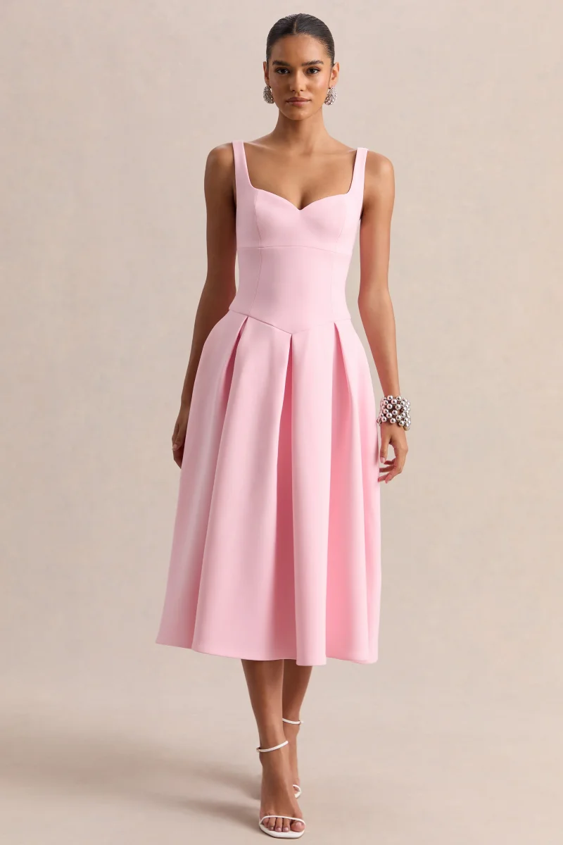 Greta | Vestido Midi Rosa Claro Con Escote Corazón - Imagen 6