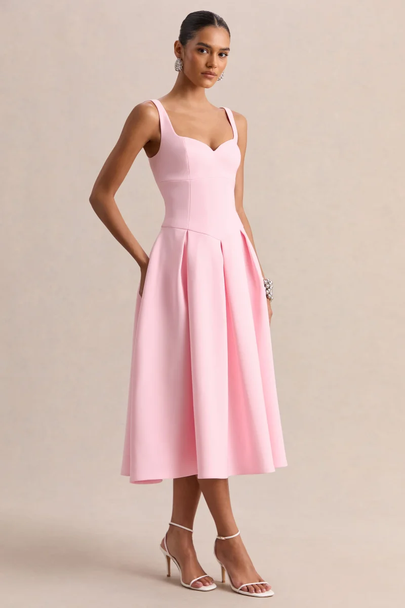 Greta | Vestido Midi Rosa Claro Con Escote Corazón - Imagen 5