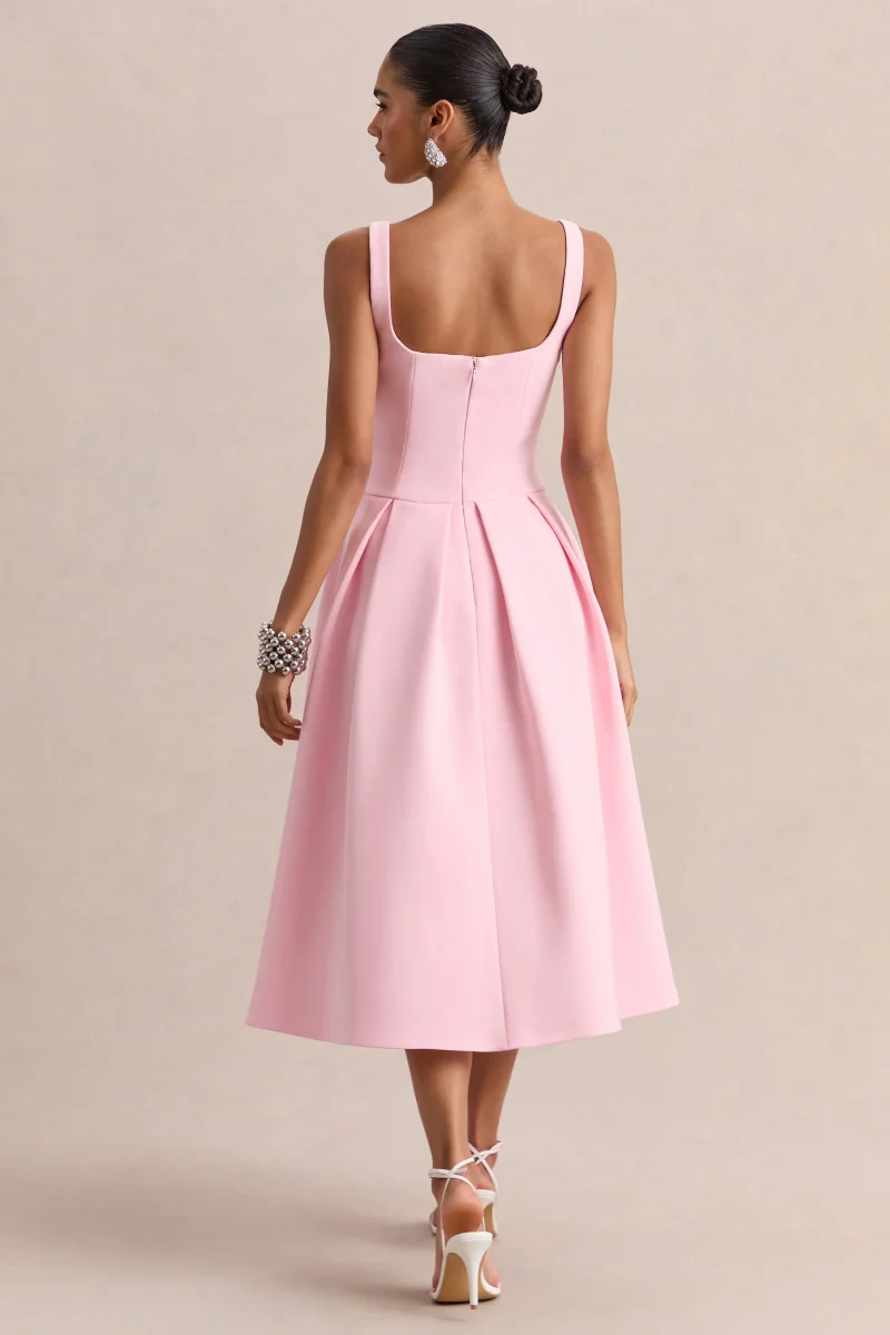 Greta | Vestido Midi Rosa Claro Con Escote Corazón - Imagen 3