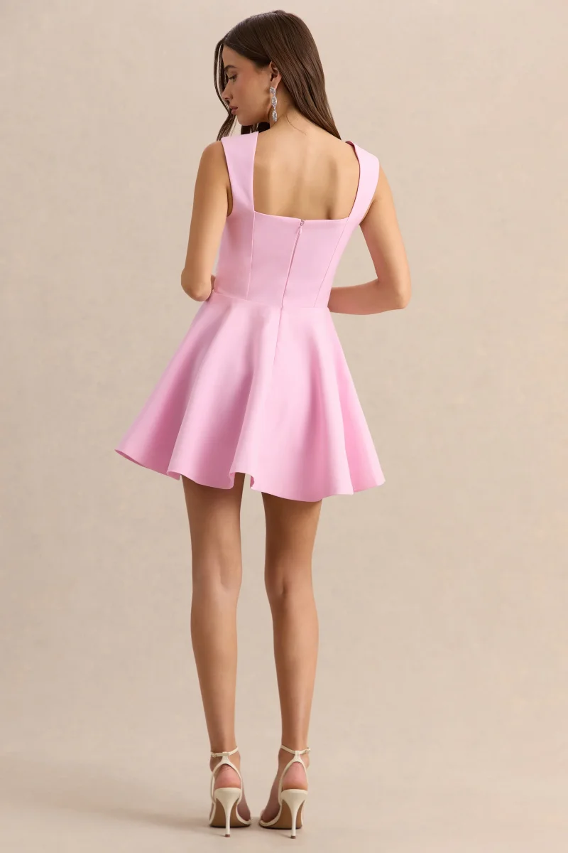Katya | Vestido Corto Skater Rosa Claro con Escote Corazón - Imagen 3