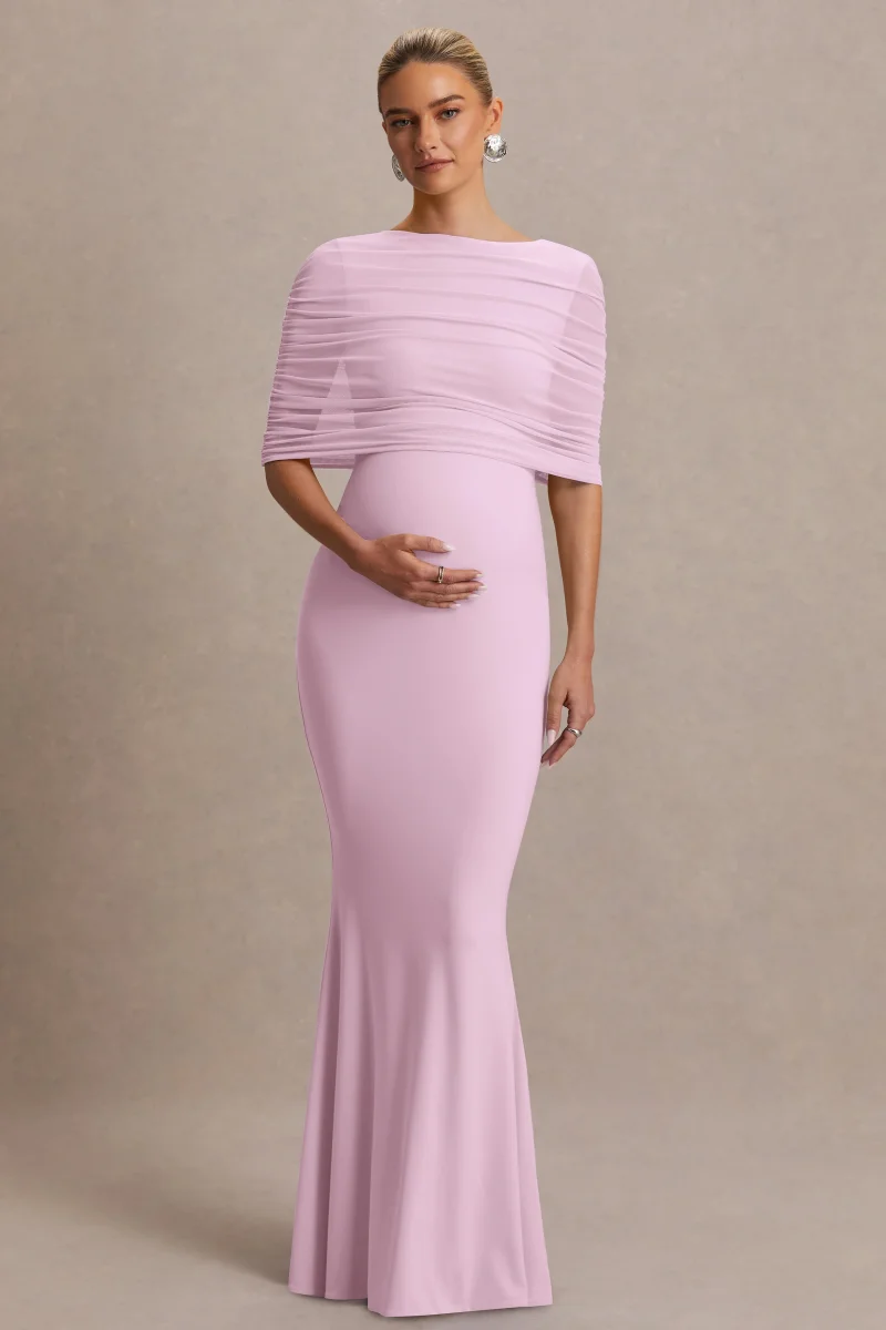 Zaria | Vestido Largo Premamá Rosa Pastel Con Cuello Redondo Y Capa De Malla - Imagen 2