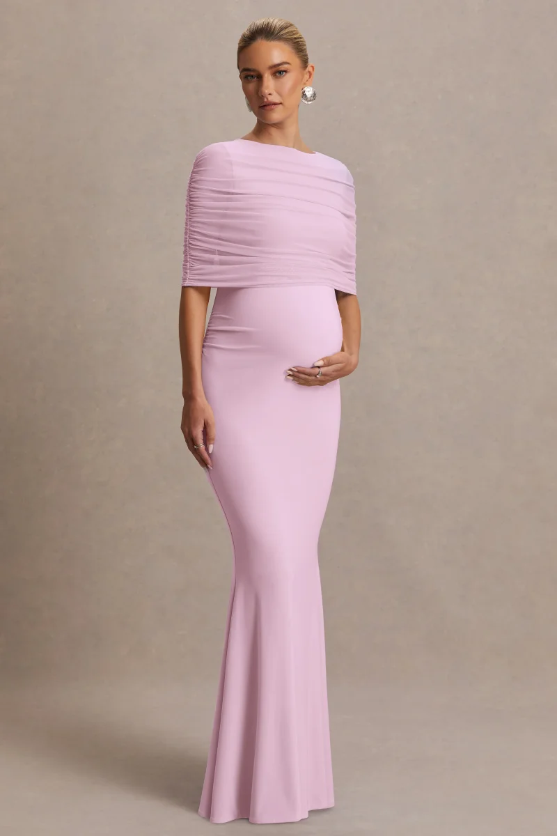 Zaria | Vestido Largo Premamá Rosa Pastel Con Cuello Redondo Y Capa De Malla - Imagen 6