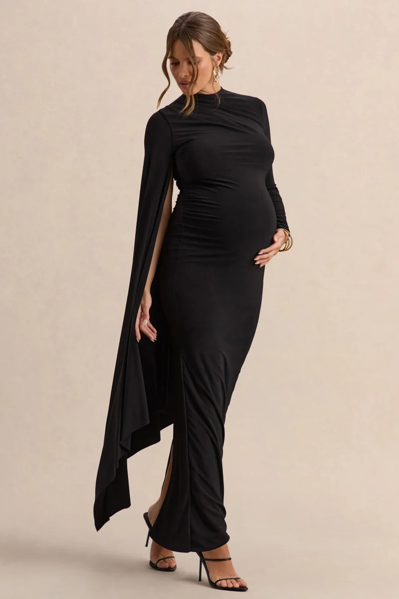 Lavinia | Vestido premamá midi negro con cuello alto y manga tipo capa - Imagen 5