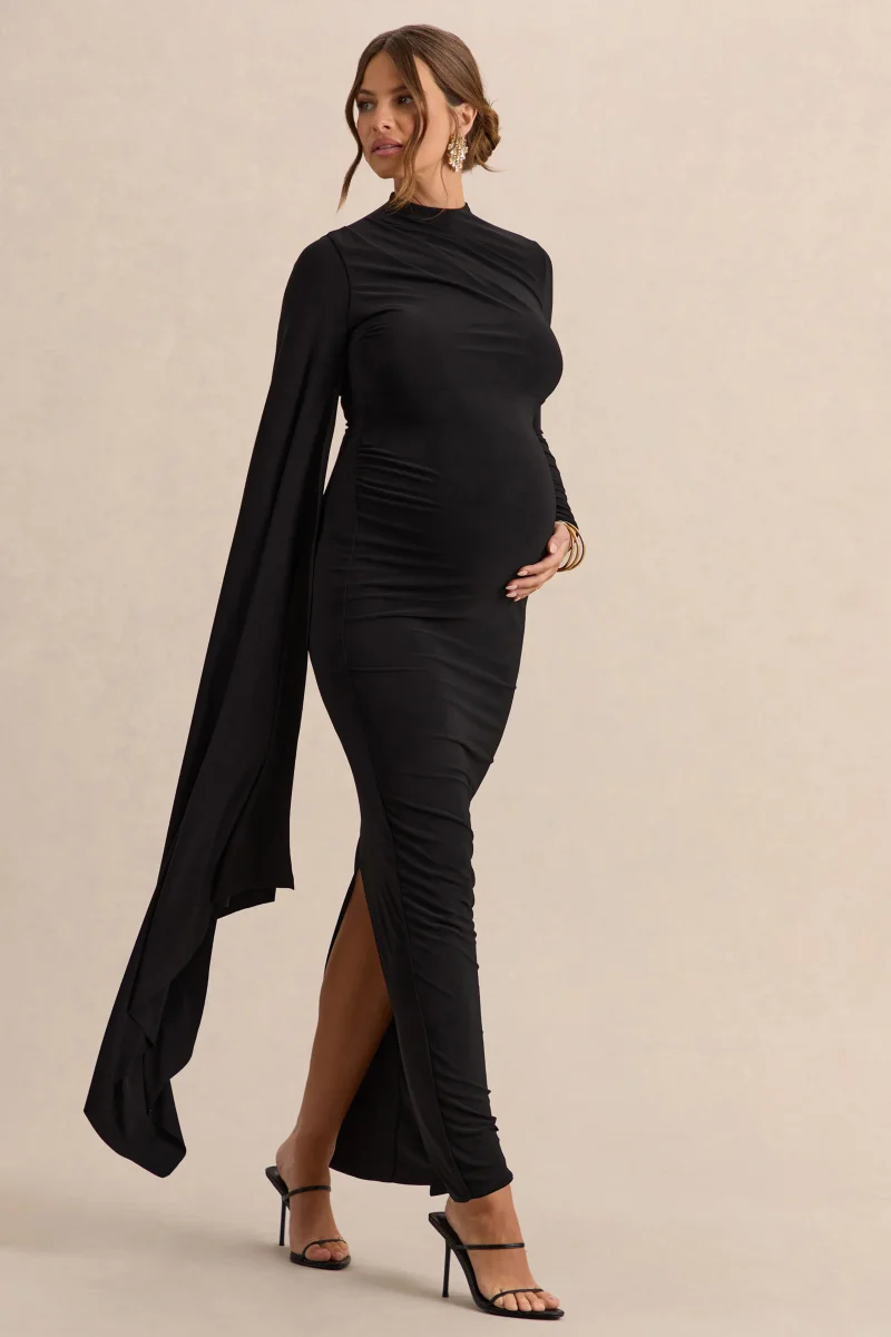 Lavinia | Vestido premamá midi negro con cuello alto y manga tipo capa - Imagen 6