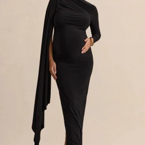 Lavinia | Vestido premamá midi negro con cuello alto y manga tipo capa