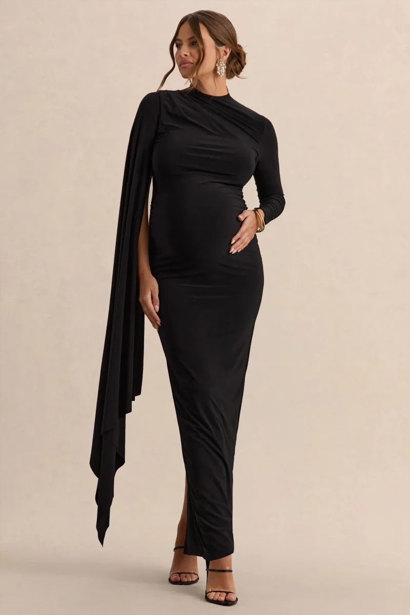 Lavinia | Vestido premamá midi negro con cuello alto y manga tipo capa