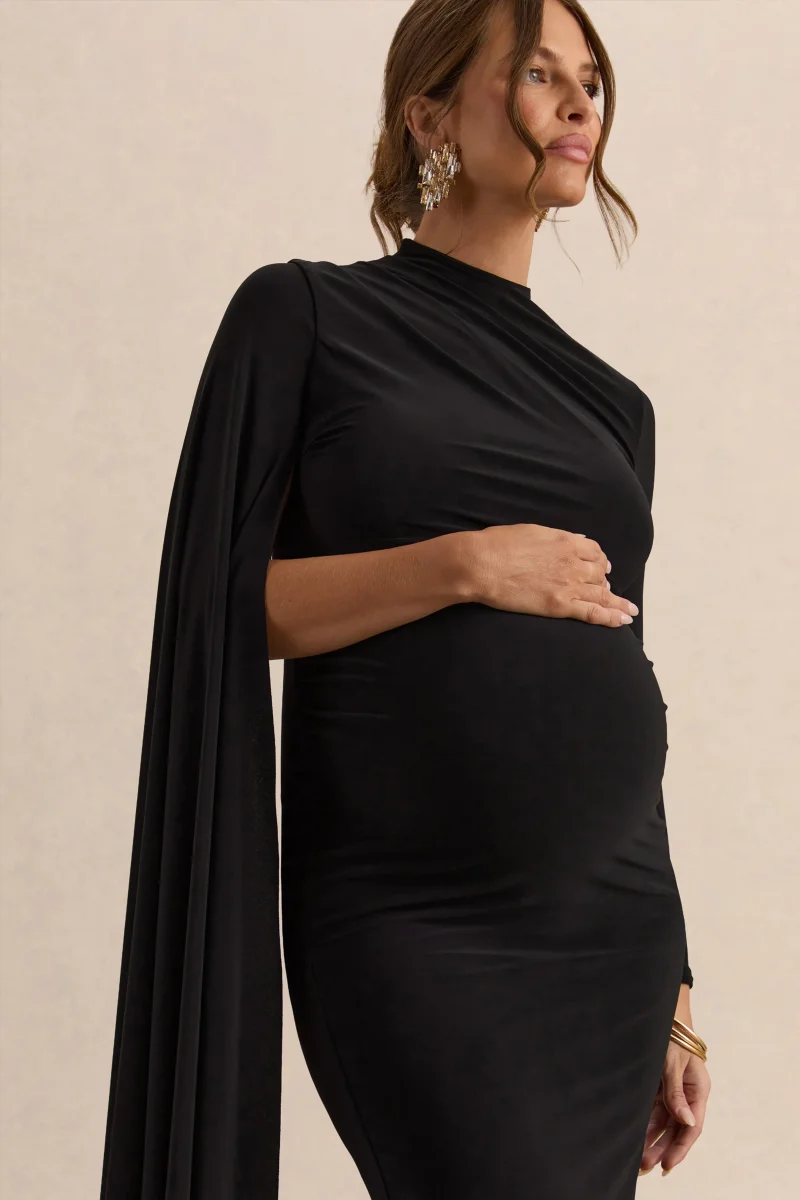 Lavinia | Vestido premamá midi negro con cuello alto y manga tipo capa - Imagen 4