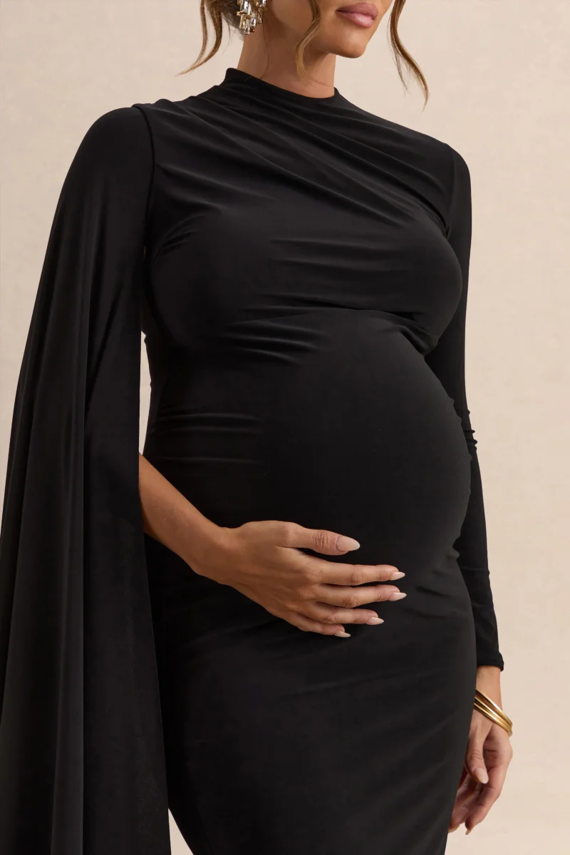 Lavinia | Vestido premamá midi negro con cuello alto y manga tipo capa - Imagen 8