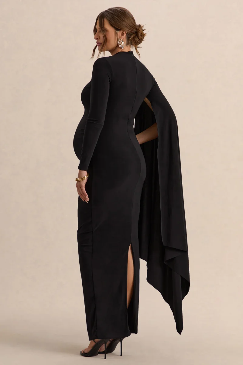 Lavinia | Vestido premamá midi negro con cuello alto y manga tipo capa - Imagen 3