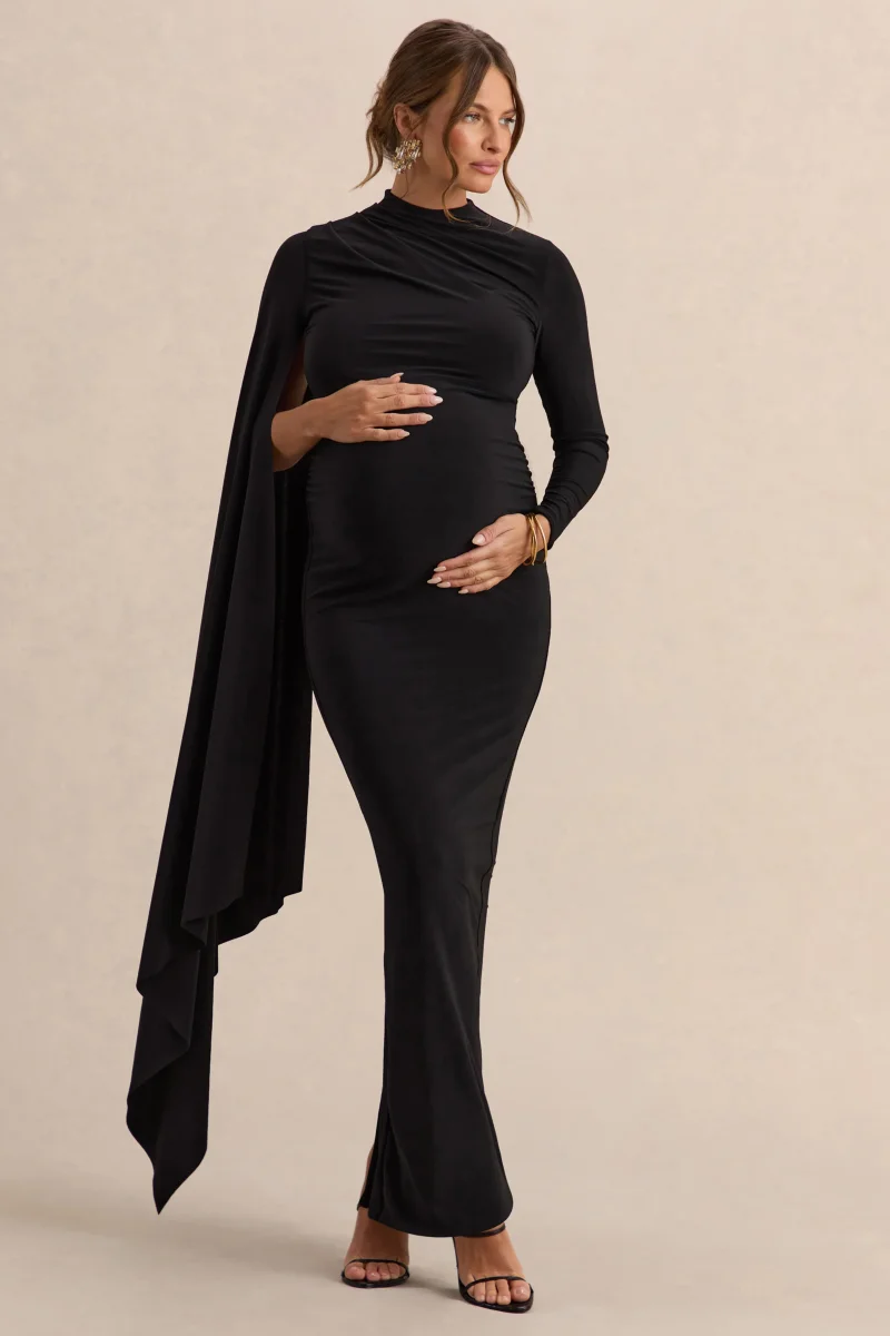 Lavinia | Vestido premamá midi negro con cuello alto y manga tipo capa - Imagen 7