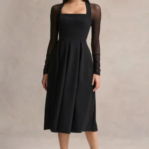Melinda | Vestido midi negro de cuello cuadrado con detalles de malla