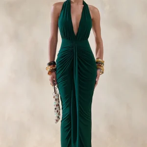 Lesley | Vestido Largo Verde Botella con Escote Pronunciado