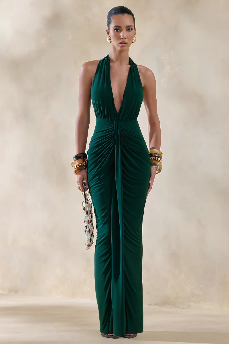 Lesley | Vestido Largo Verde Botella con Escote Pronunciado