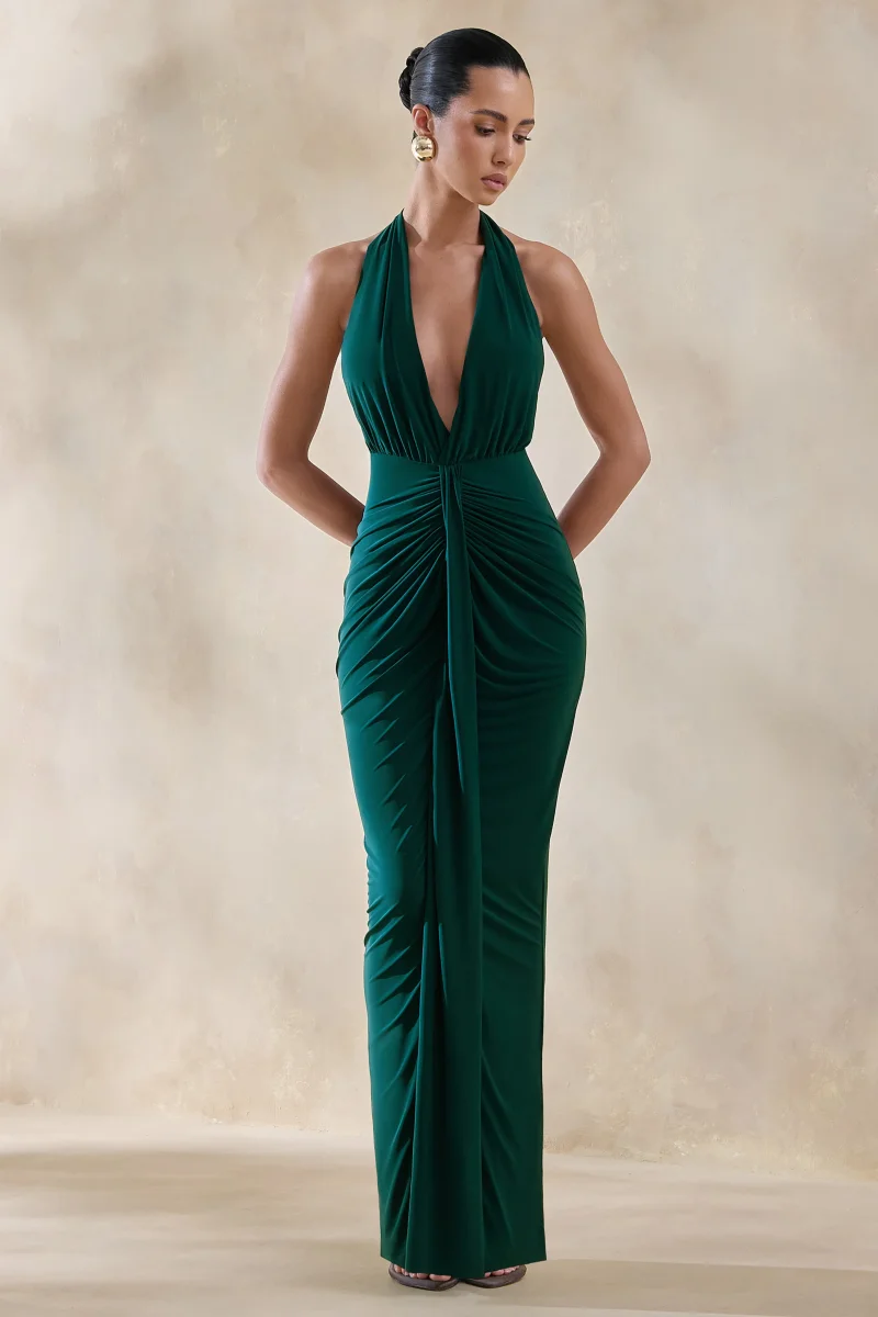 Lesley | Vestido Largo Verde Botella con Escote Pronunciado - Imagen 5