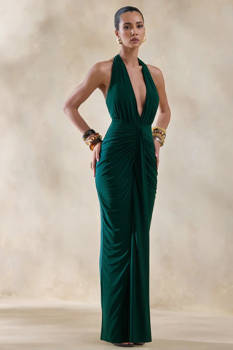 Lesley | Vestido Largo Verde Botella con Escote Pronunciado - Imagen 6