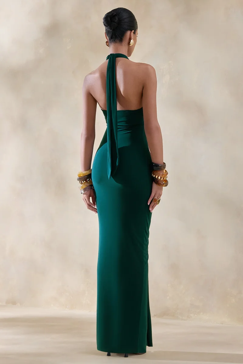 Lesley | Vestido Largo Verde Botella con Escote Pronunciado - Imagen 3