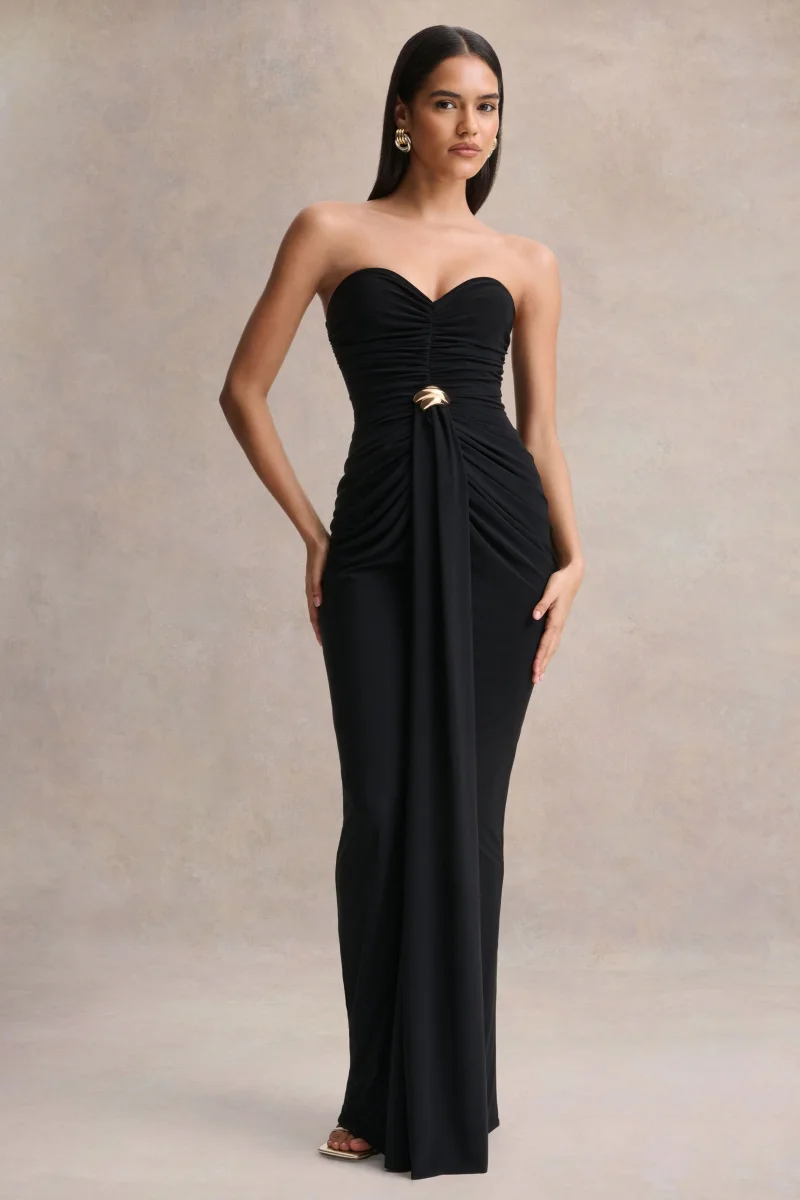 Beverly | Vestido largo negro bandeau con detalle fruncido - Imagen 3