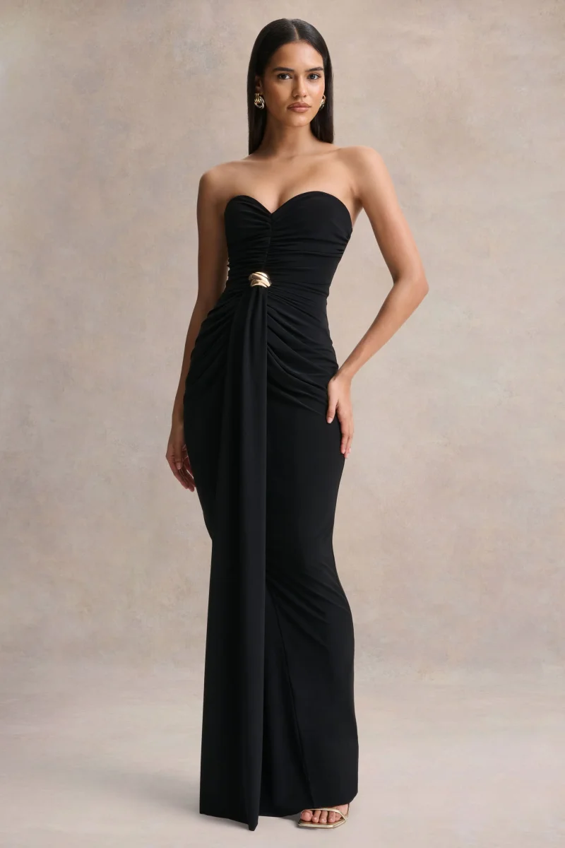 Beverly | Vestido largo negro bandeau con detalle fruncido - Imagen 6
