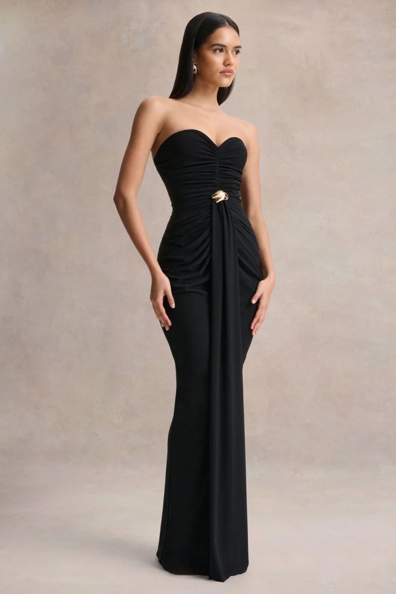 Beverly | Vestido largo negro bandeau con detalle fruncido - Imagen 7
