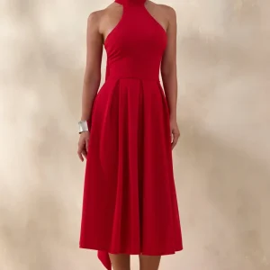 Rhode | Vestido midi rojo con escote halter