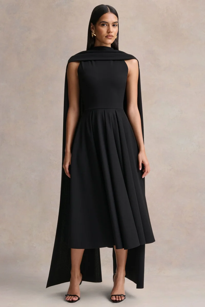 Nova | Vestido midi negro de cuello alto con mangas de capa - Imagen 5
