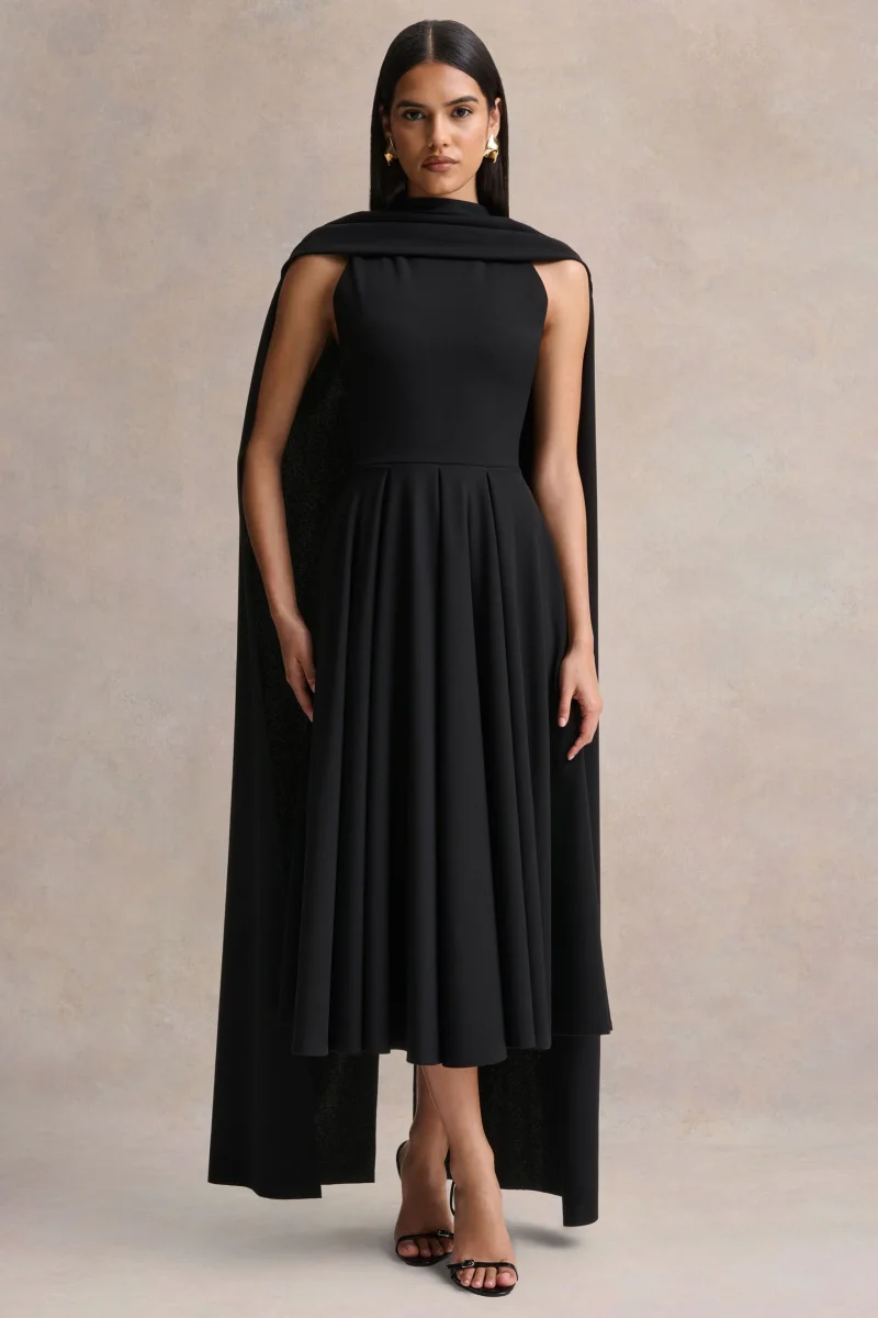 Nova | Vestido midi negro de cuello alto con mangas de capa