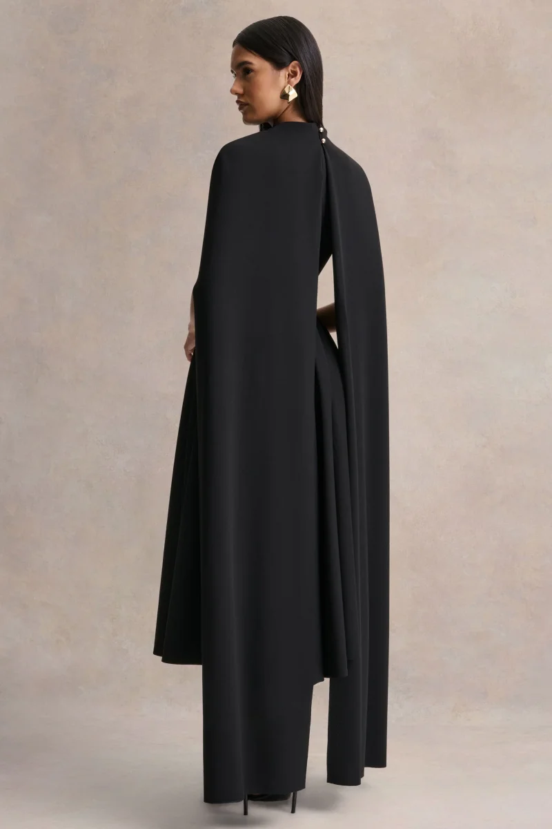 Nova | Vestido midi negro de cuello alto con mangas de capa - Imagen 3
