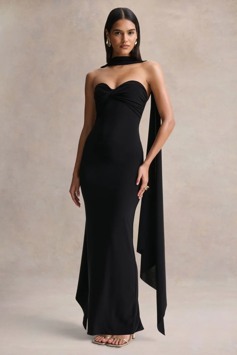 Sheila | Vestido Largo Negro de Escote Bandeau con Detalle de Bufanda - Imagen 2