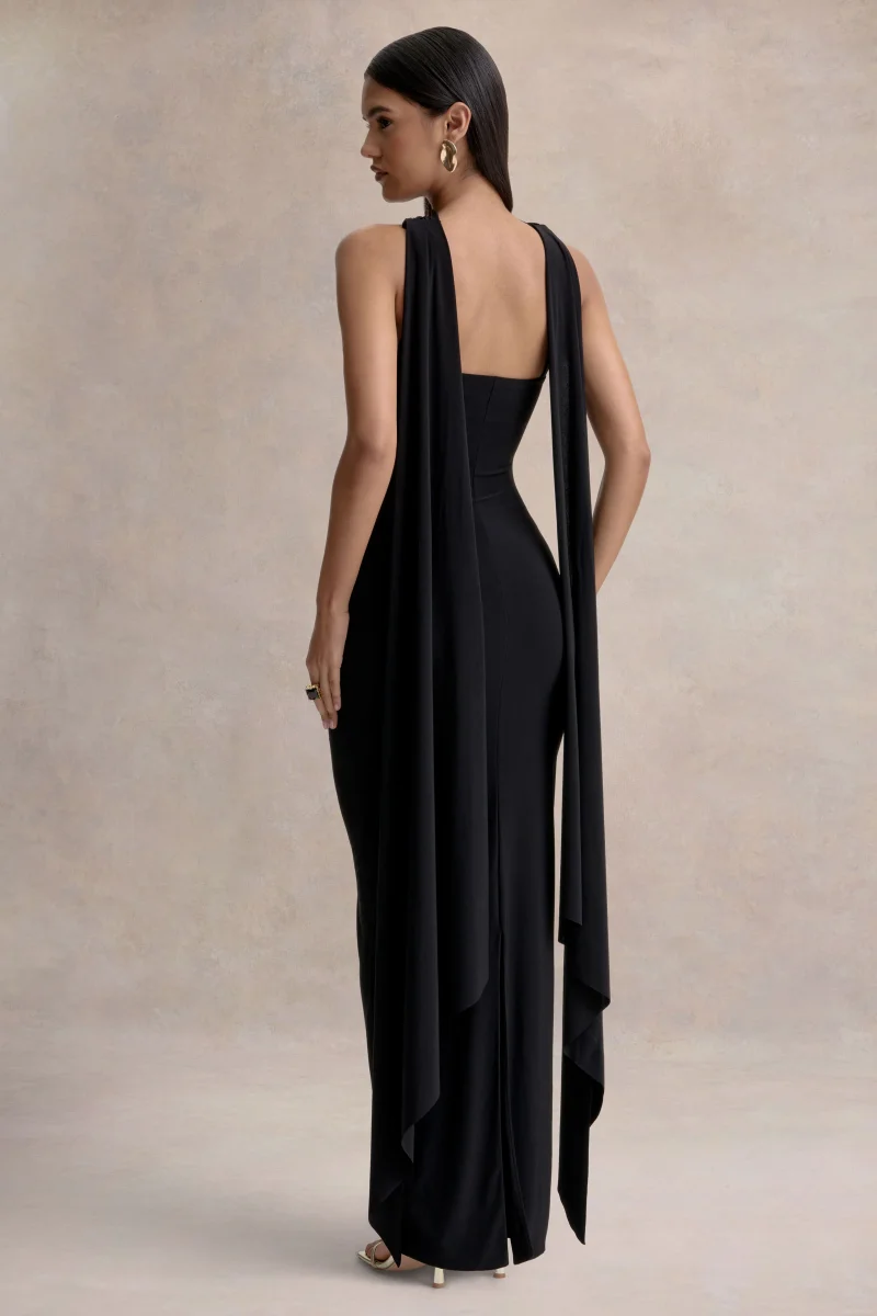 Sheila | Vestido Largo Negro de Escote Bandeau con Detalle de Bufanda - Imagen 3