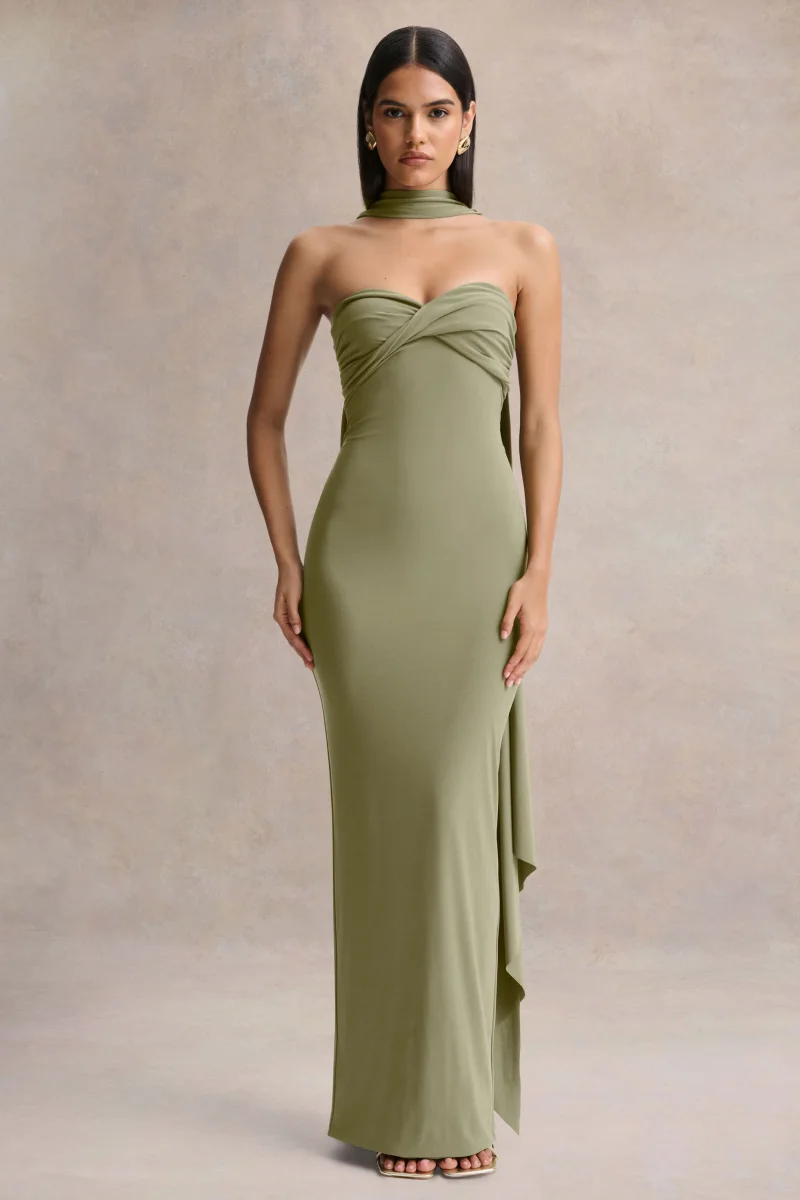 Sheila | Vestido Largo Verde Oliva de Escote Bandeau con Detalle de Fajín - Imagen 2