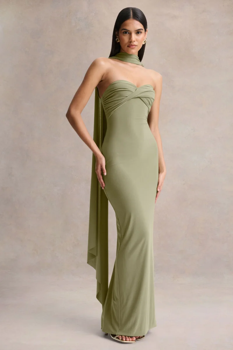 Sheila | Vestido Largo Verde Oliva de Escote Bandeau con Detalle de Fajín - Imagen 5