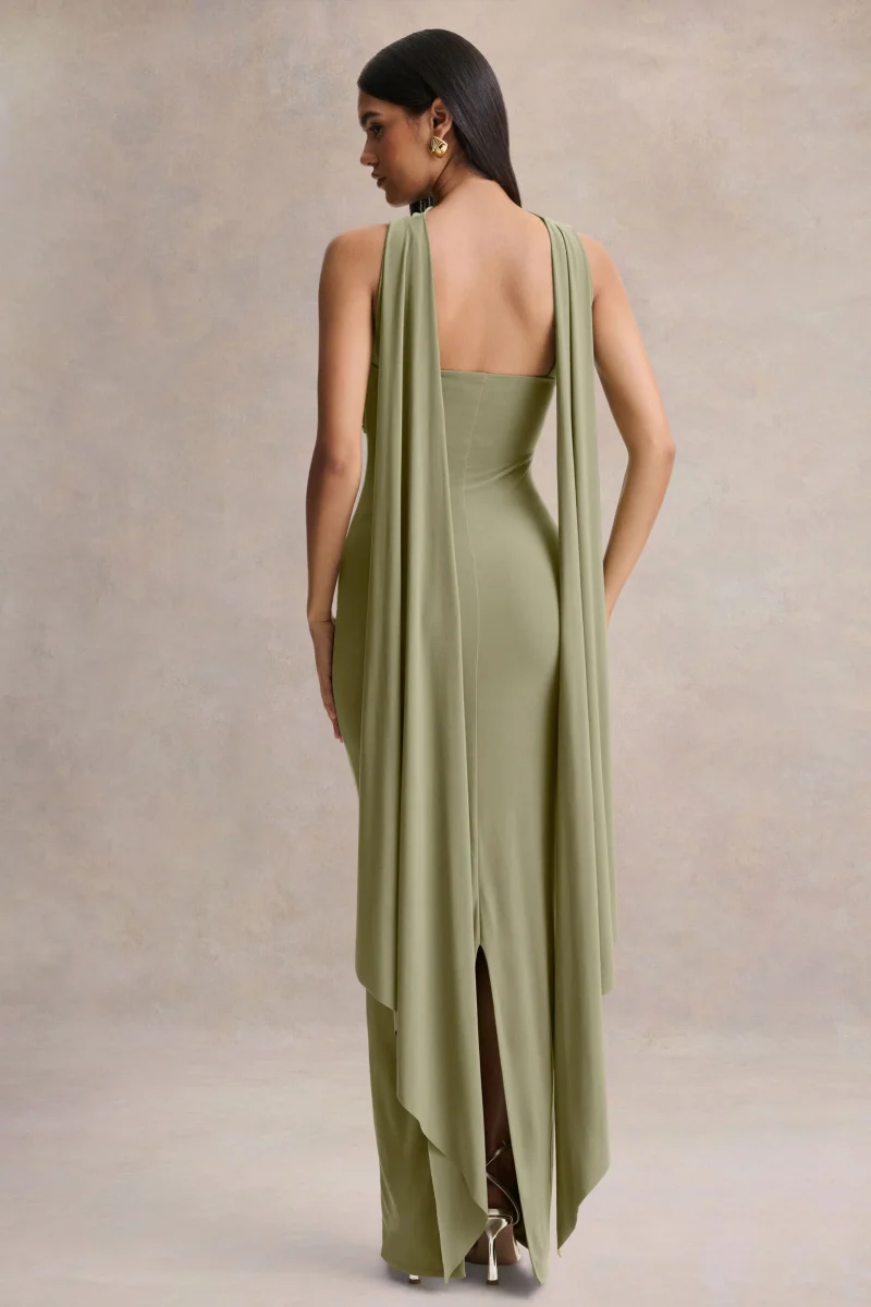Sheila | Vestido Largo Verde Oliva de Escote Bandeau con Detalle de Fajín - Imagen 3