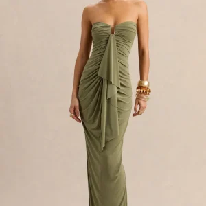Chloe | Vestido Largo Verde Oliva Bandeau Con Detalle De Volantes