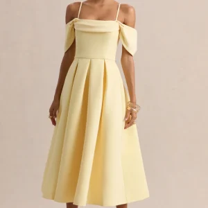 Cosima | Vestido midi amarillo limón con escote bardot