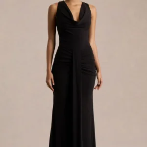Mallie | Vestido Largo Negro de Escote Drapeado y Detalle Fruncido