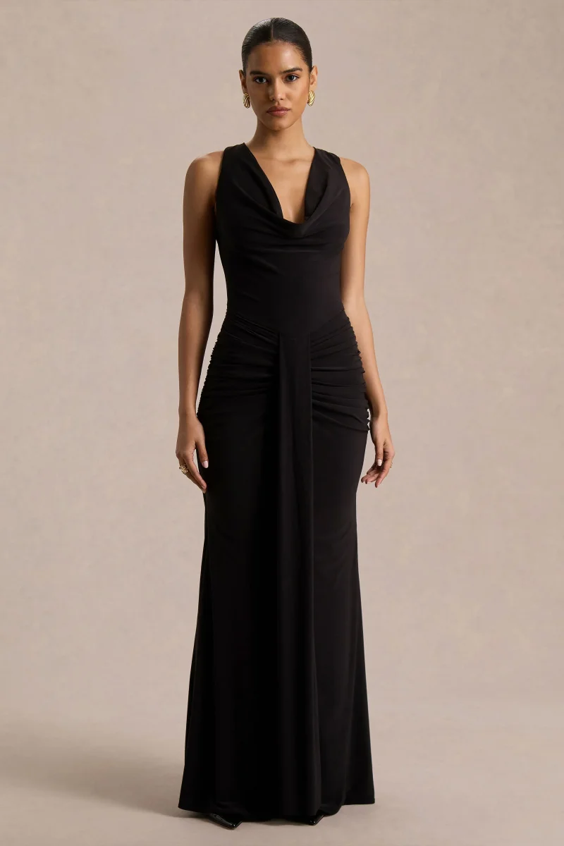 Mallie | Vestido Largo Negro de Escote Drapeado y Detalle Fruncido - Imagen 2