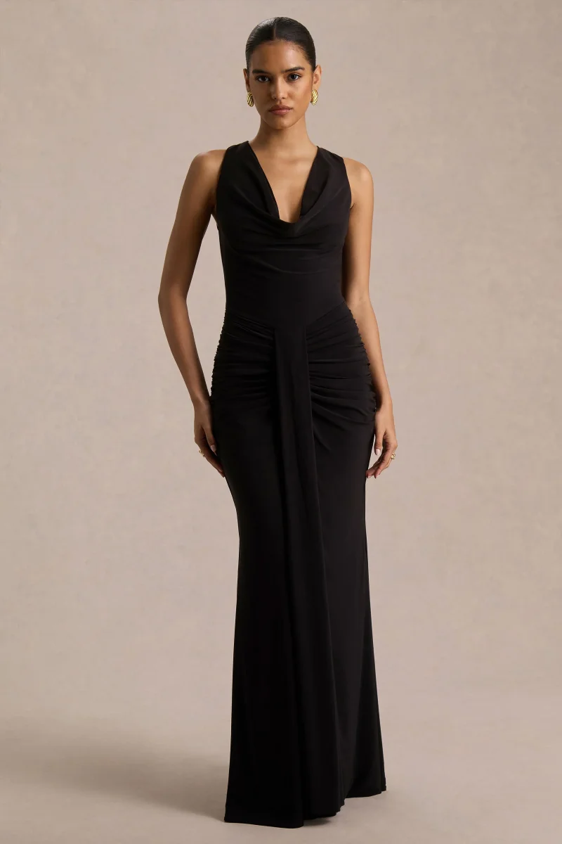 Mallie | Vestido Largo Negro de Escote Drapeado y Detalle Fruncido - Imagen 4