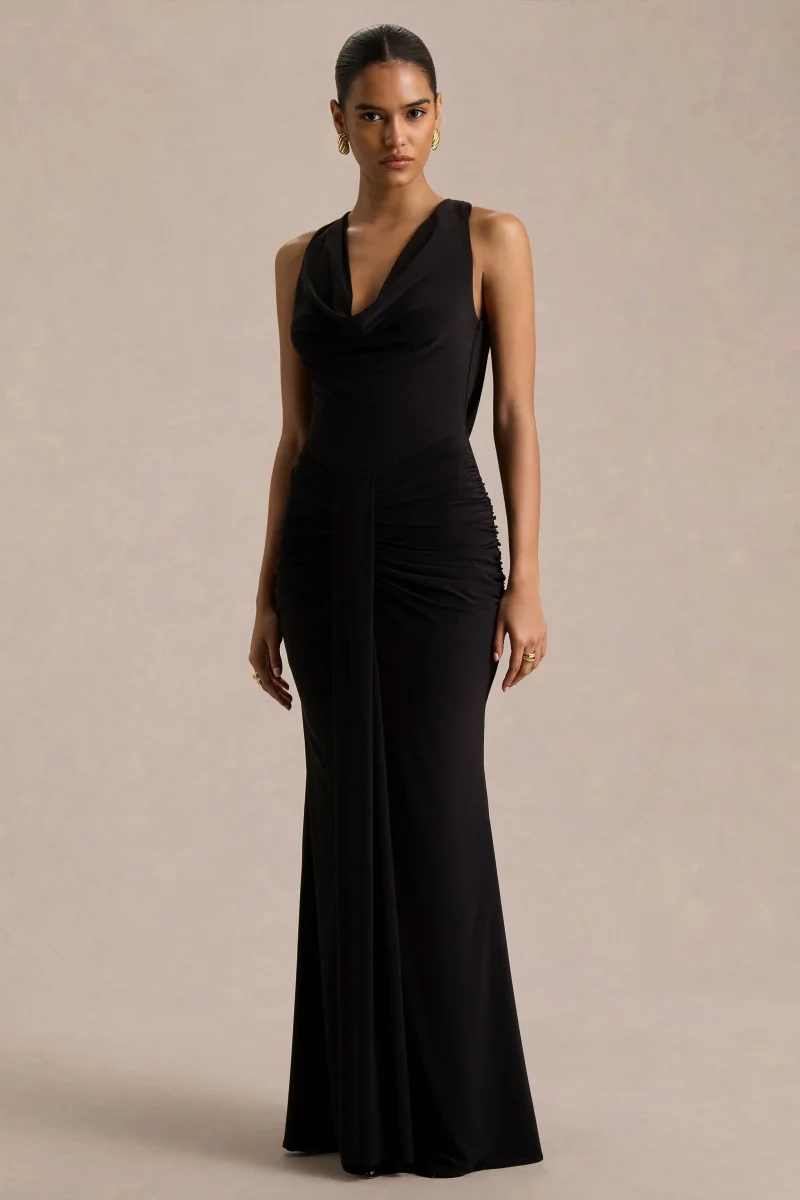 Mallie | Vestido Largo Negro de Escote Drapeado y Detalle Fruncido - Imagen 6
