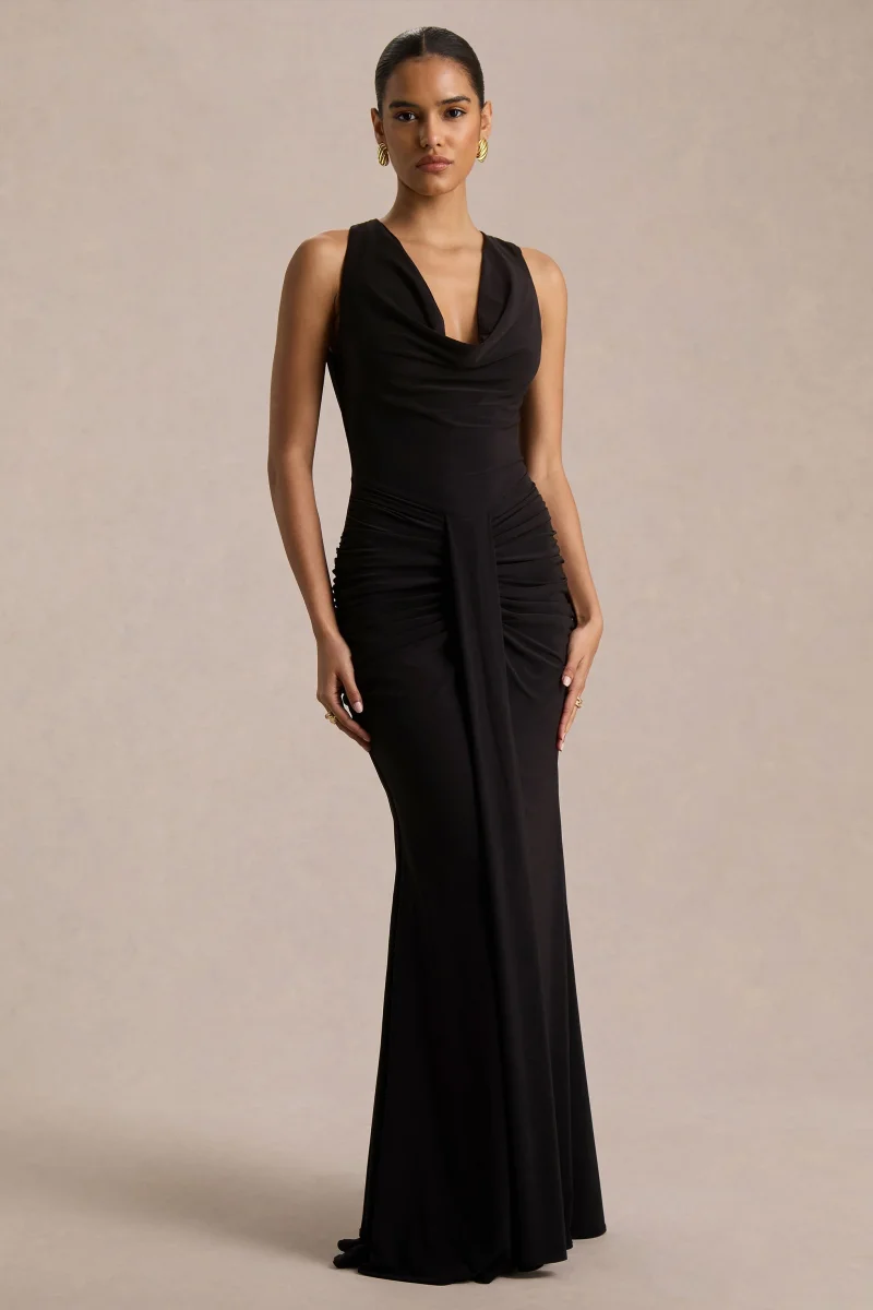 Mallie | Vestido Largo Negro de Escote Drapeado y Detalle Fruncido - Imagen 7