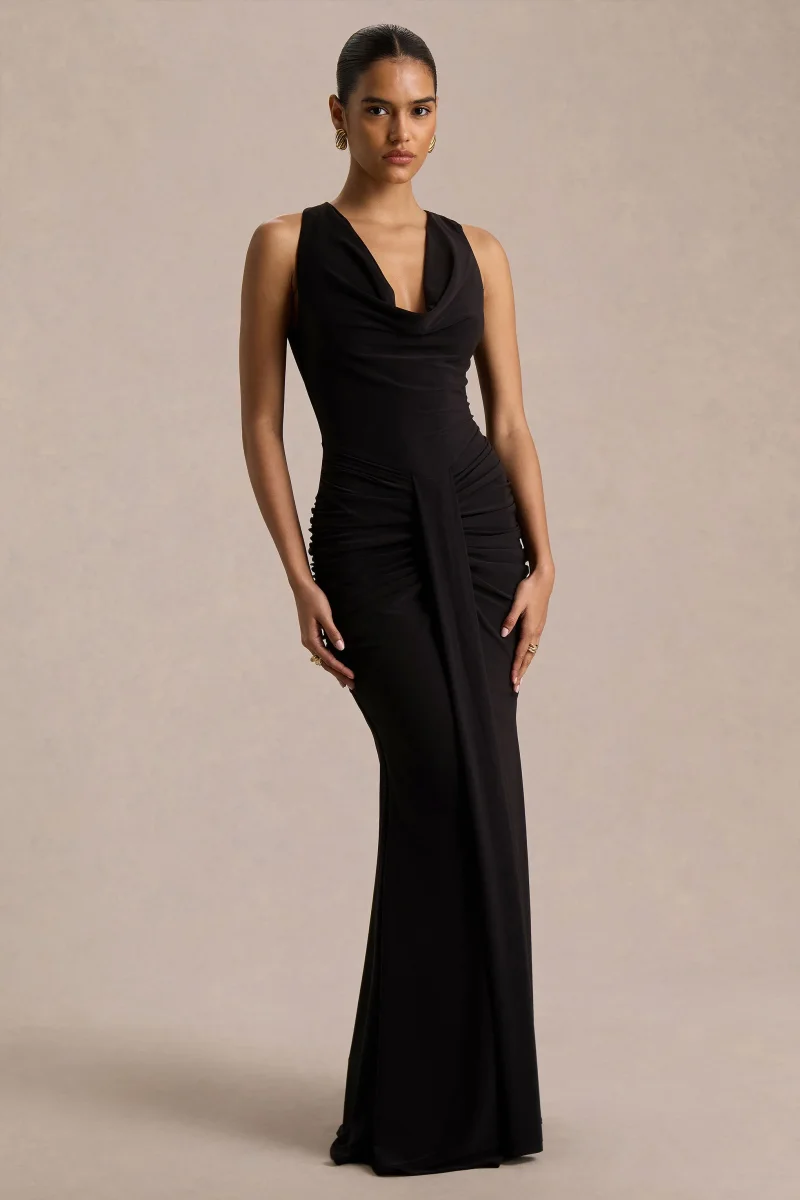 Mallie | Vestido Largo Negro de Escote Drapeado y Detalle Fruncido - Imagen 8