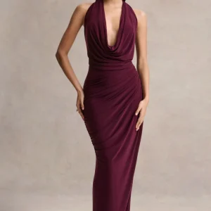 Cairo | Vestido Largo Burdeos con Cuello Drapeado y Detalle Fruncido
