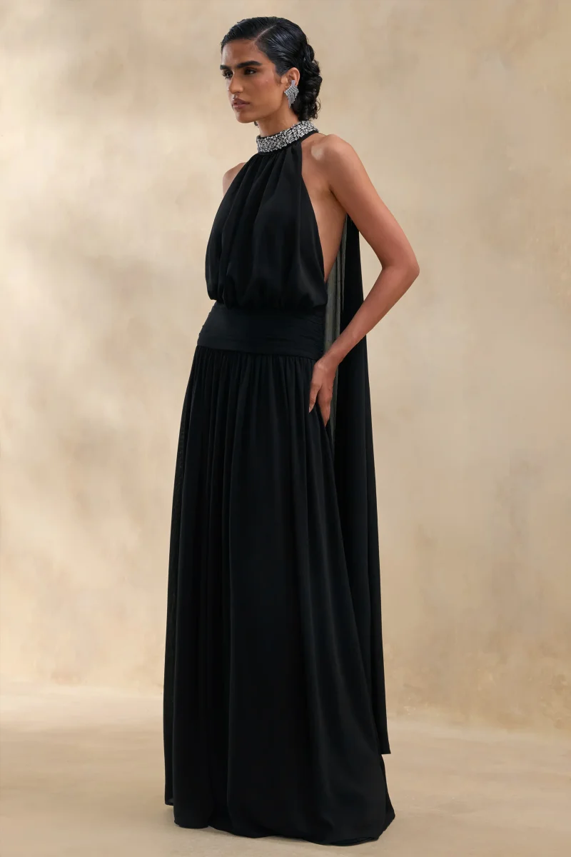 Marie | Vestido largo negro con escote halter y detalles adornados - Imagen 5