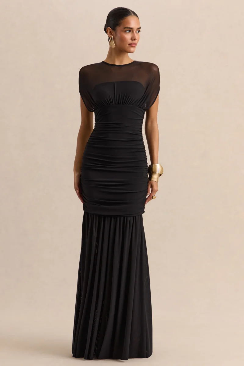 Kalene | Vestido largo negro de cuello de barco con detalles transparentes - Imagen 5