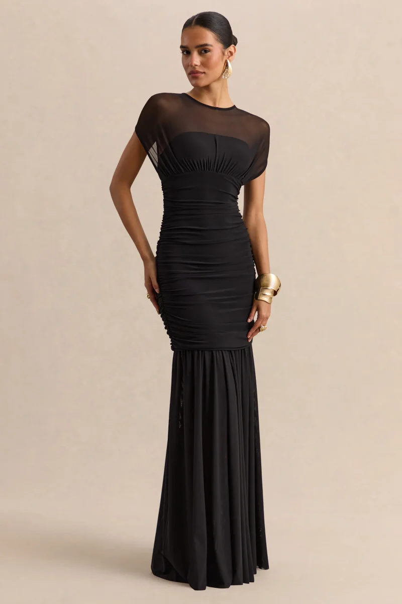 Kalene | Vestido largo negro de cuello de barco con detalles transparentes - Imagen 6