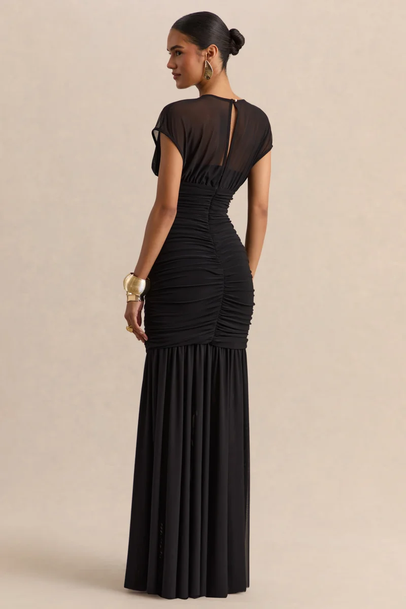 Kalene | Vestido largo negro de cuello de barco con detalles transparentes - Imagen 3