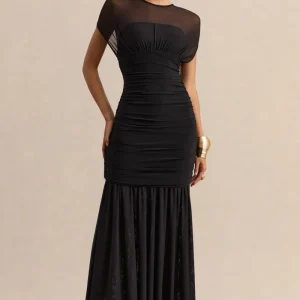 Kalene | Vestido largo negro de cuello de barco con detalles transparentes